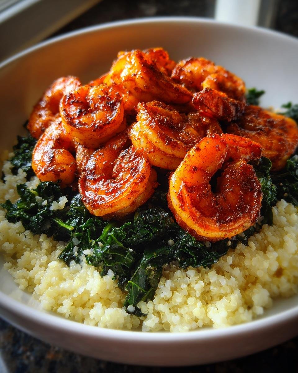 Close-up of Spicy Cajun Shrimp Kale Cauliflower Rice in a white bowl, featuring bright red shrimp over green kale and white rice substitute.