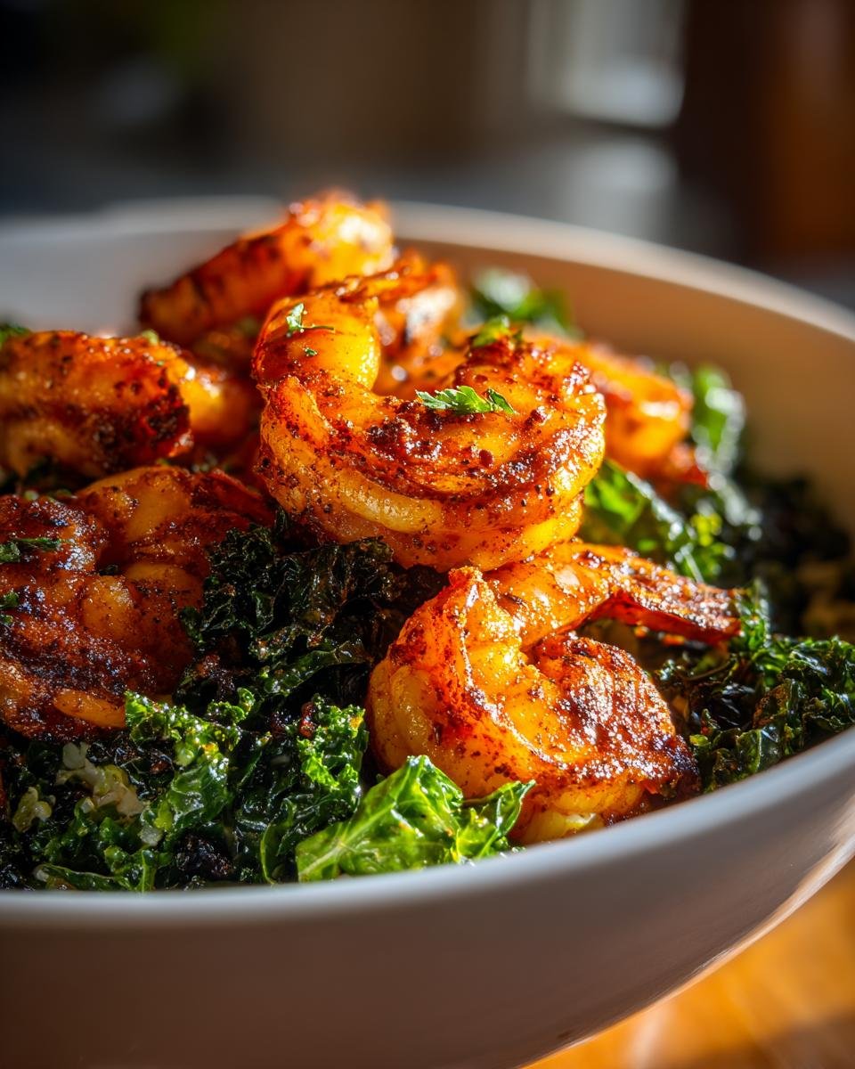 Close-up of perfectly seasoned Spicy Cajun Shrimp Kale Cauliflower Rice in a white bowl.