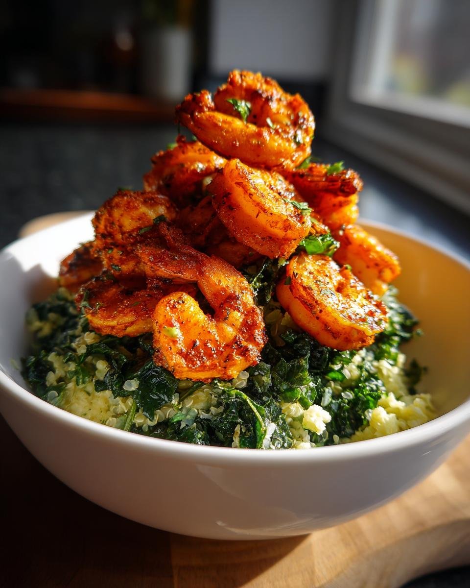 A white bowl filled with Spicy Cajun Shrimp Kale Cauliflower Rice, topped with a mound of seasoned shrimp.