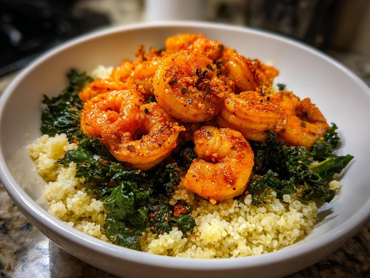 A close-up of Spicy Cajun Shrimp Kale Cauliflower Rice served in a white bowl.