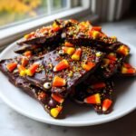 Pieces of Spooktacular Halloween Chocolate Bark topped with candy corn and sprinkles piled on a white plate.