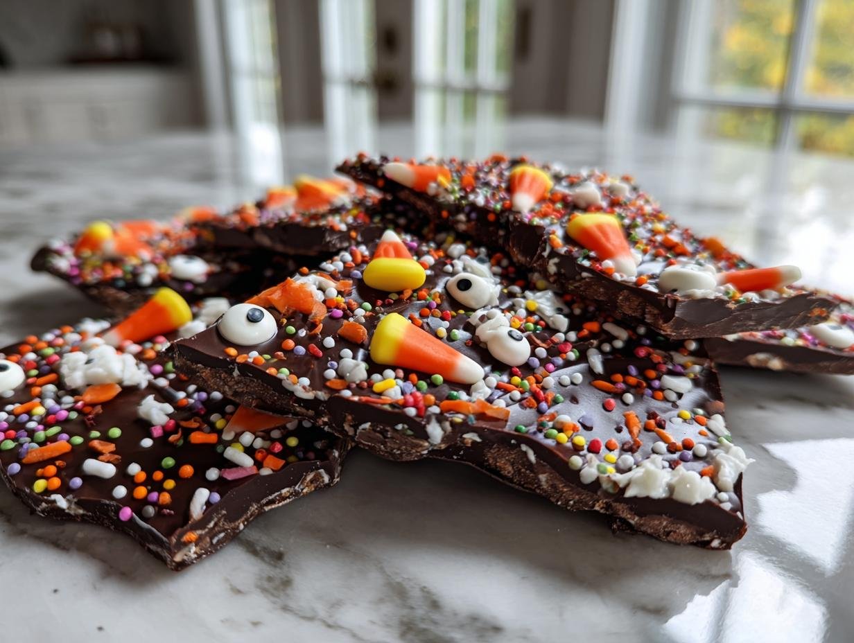 Pieces of Spooktacular Halloween Chocolate Bark topped with candy corn, candy eyeballs, and colorful sprinkles.