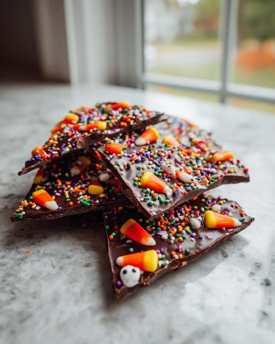 Pieces of Spooktacular Halloween Chocolate Bark topped with candy corn and sprinkles stacked on a marble surface.