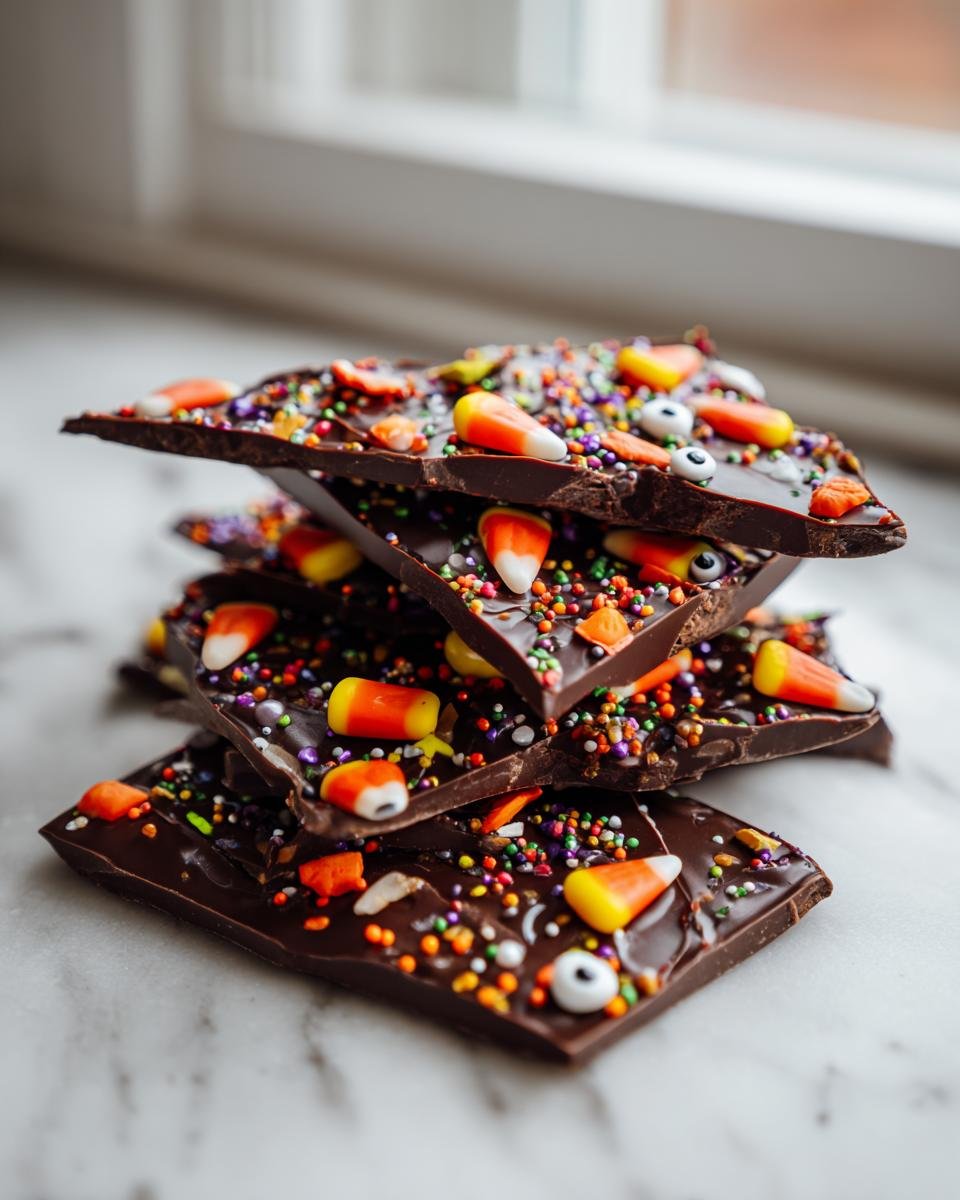 A stack of broken pieces of Spooktacular Halloween Chocolate Bark topped with candy corn and sprinkles.