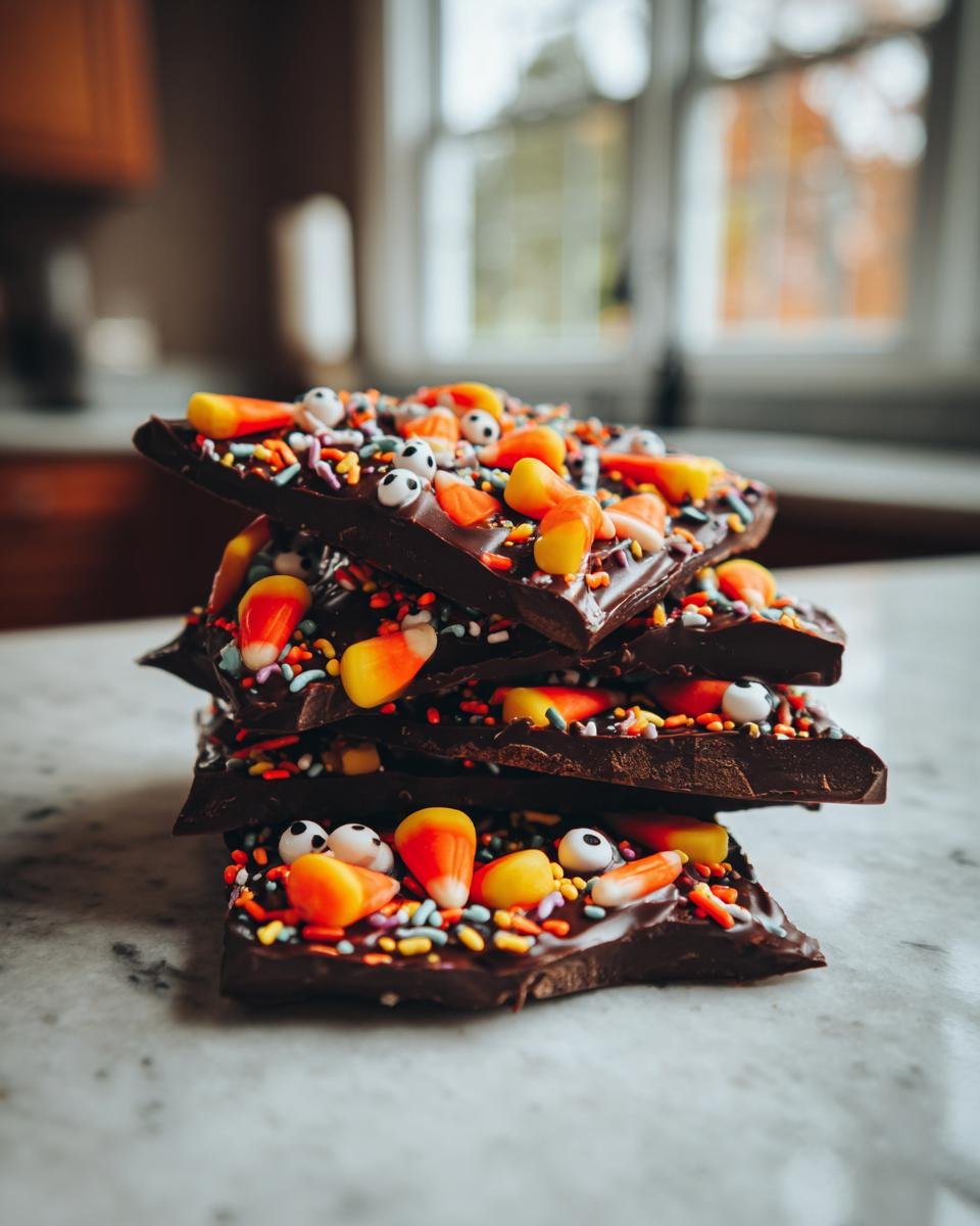 A stack of dark chocolate pieces from the Spooktacular Halloween Chocolate Bark Recipe, topped with candy corn and candy eyeballs.