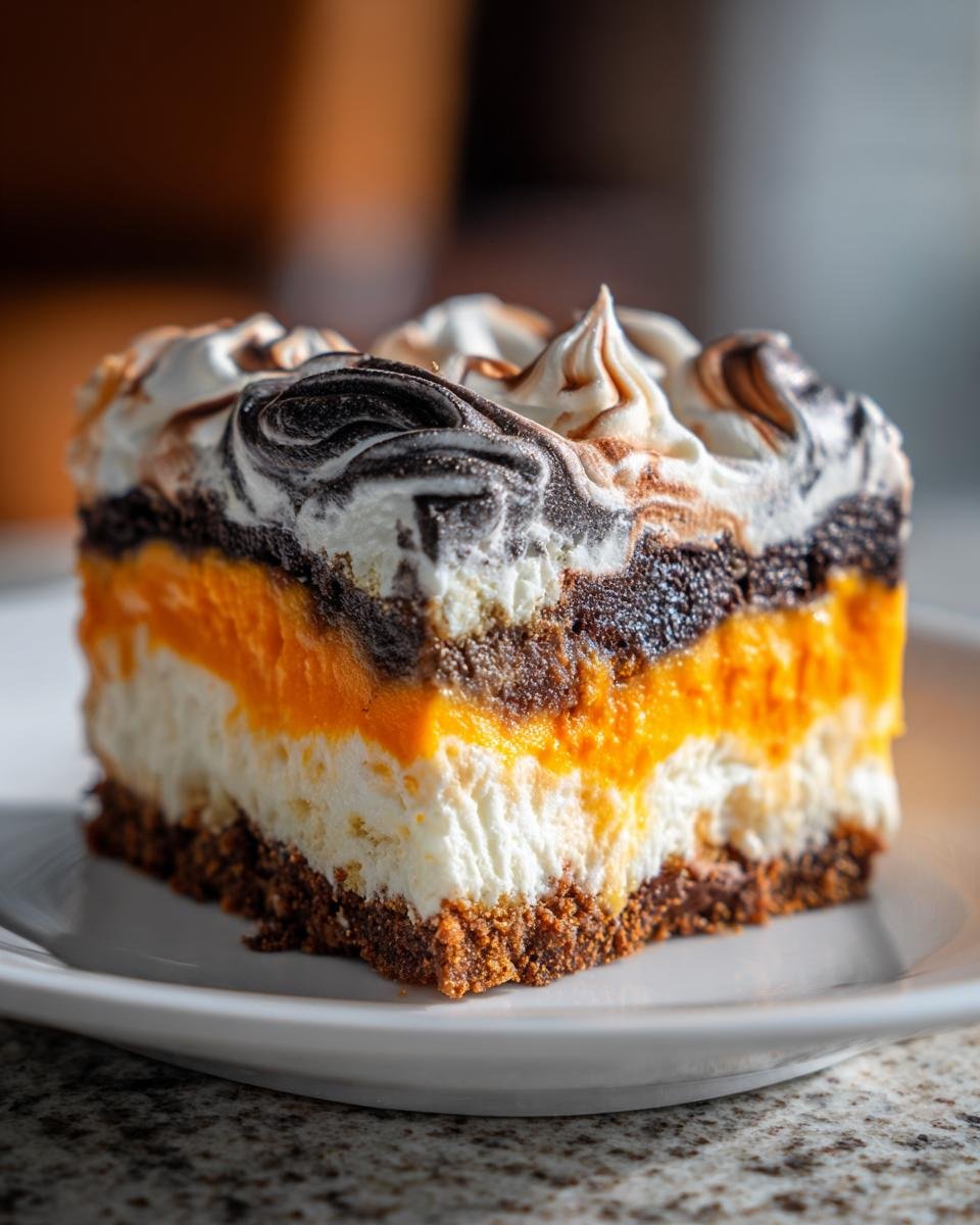 Close-up of a layered Spooktacular Halloween Lush Recipe slice with orange, white, and dark layers topped with swirled meringue.