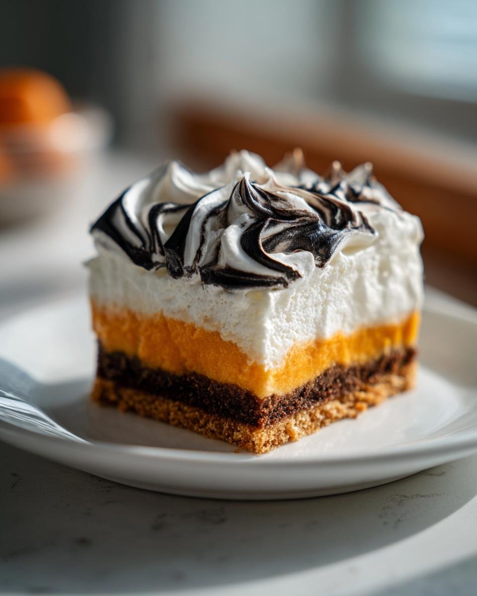 A layered slice of Spooktacular Halloween Lush Recipe with orange, dark brown, and white topping with black swirls.