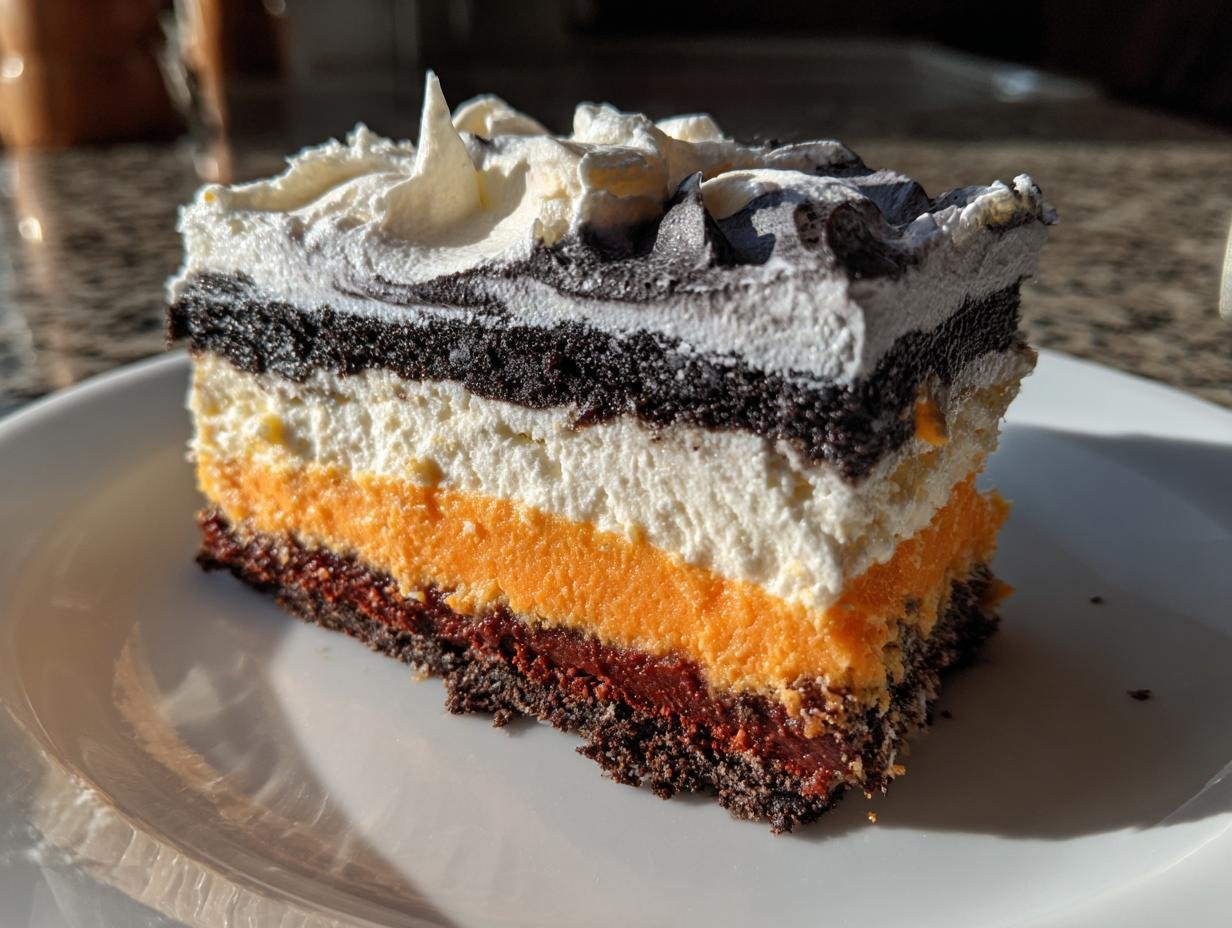 A layered slice of Spooktacular Halloween Lush Recipe featuring orange, white, and dark chocolate layers topped with whipped cream.