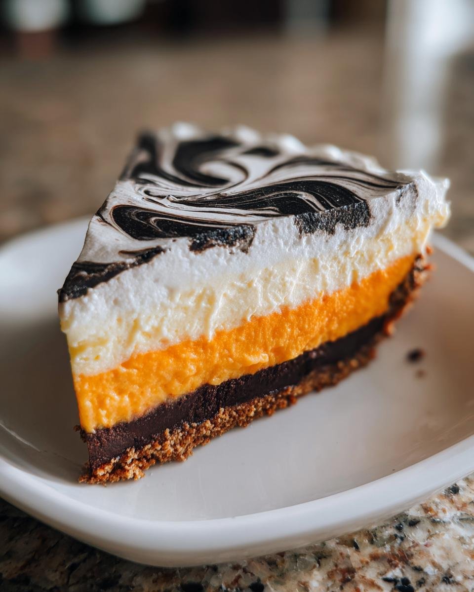 A layered slice of Spooktacular Halloween Lush Recipe featuring orange, dark chocolate, and white topping with a black swirl.