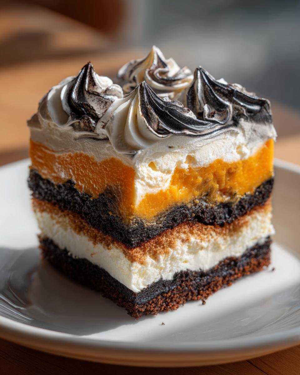 A square slice of Spooktacular Halloween Lush Recipe showing distinct layers of dark crust, cream, orange filling, and black/white whipped topping.