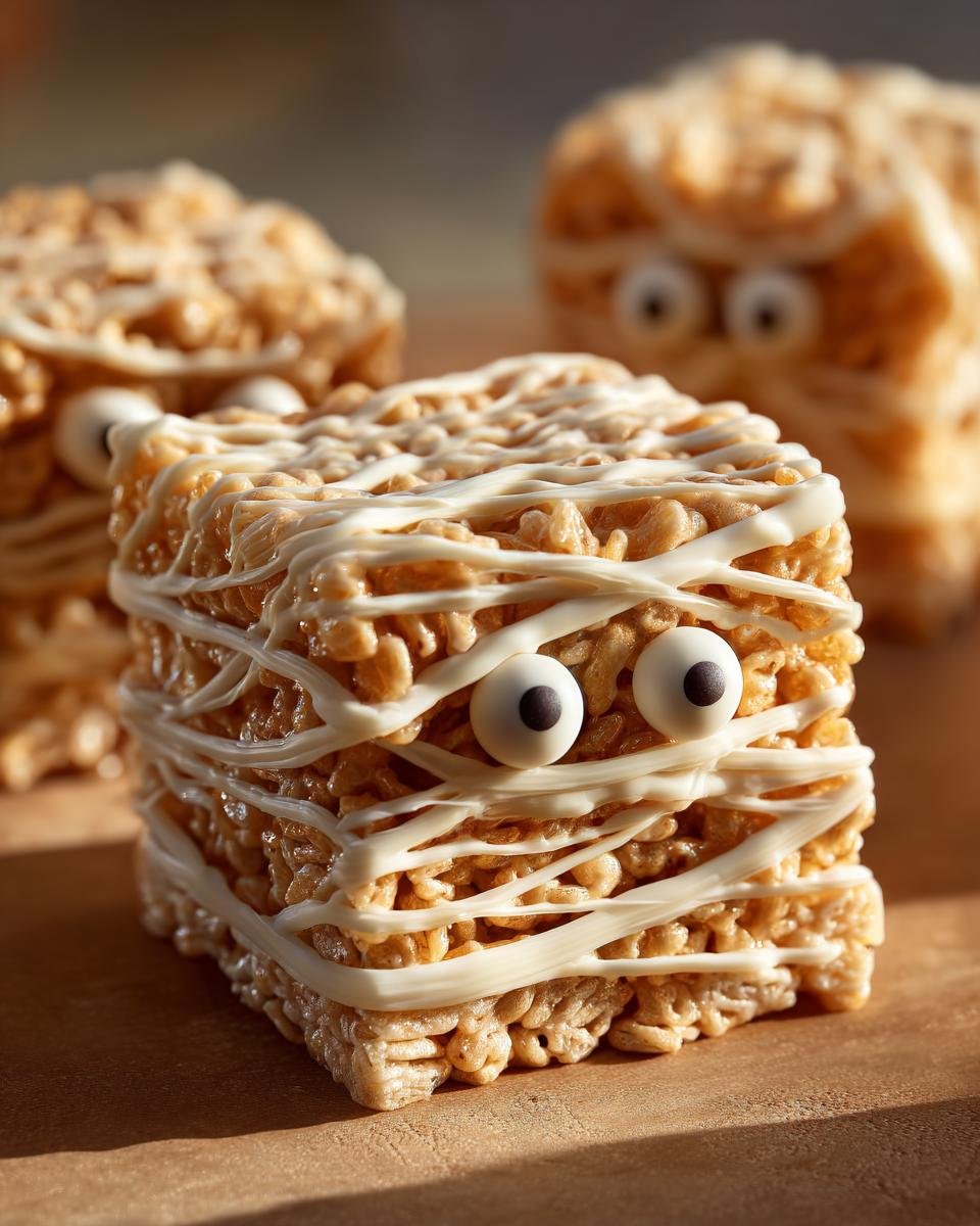 A square Spooktacular Halloween Mummy Rice Krispie Treat decorated with white icing bandages and candy eyes.