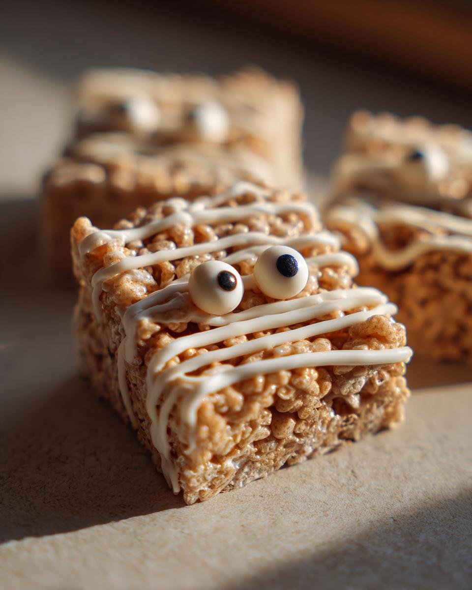 A close-up of a Spooktacular Halloween Mummy Rice Krispie Treat drizzled with white icing and candy eyeballs.