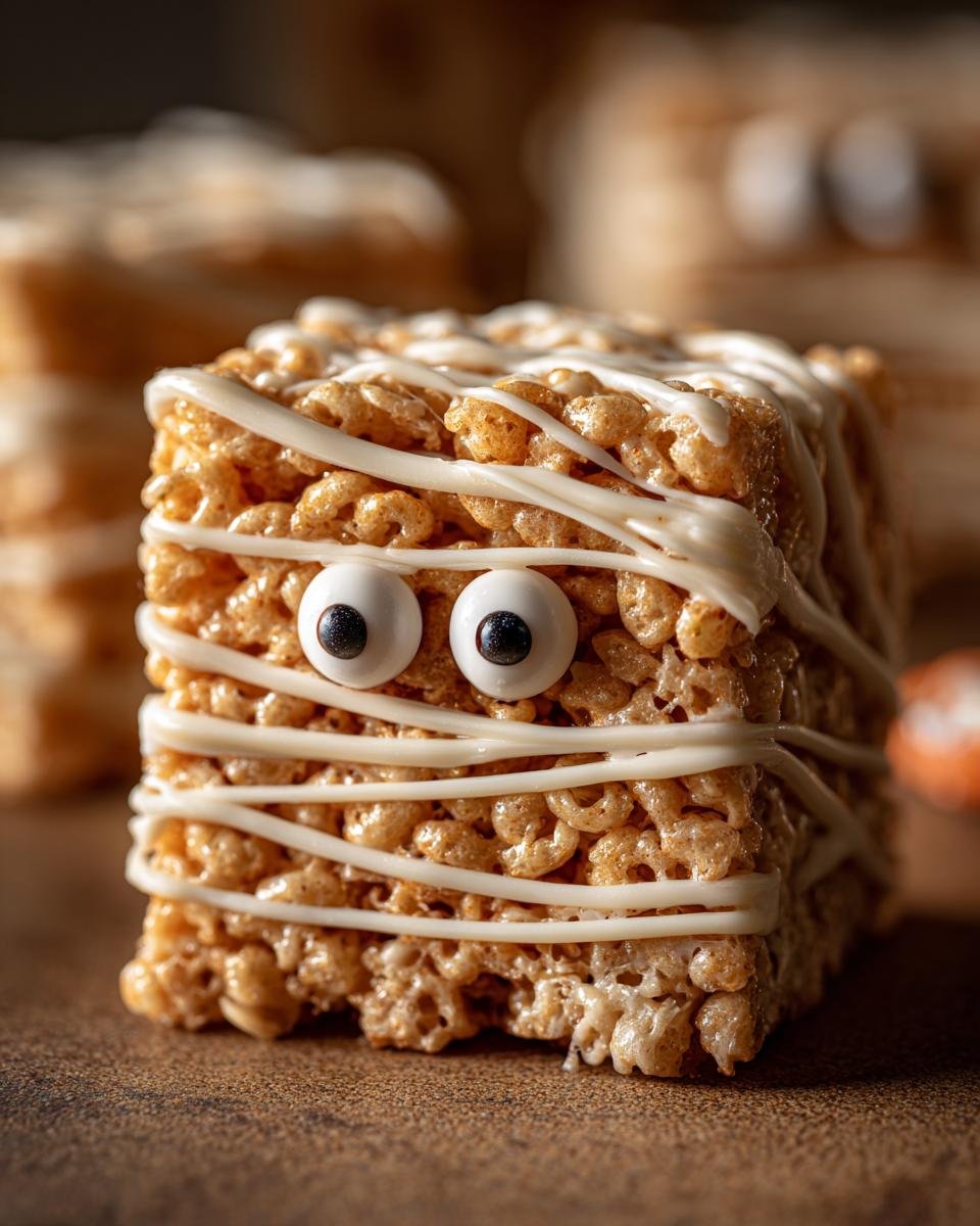 A single, square Spooktacular Halloween Mummy Rice Krispie Treat decorated with white icing bandages and candy eyes.