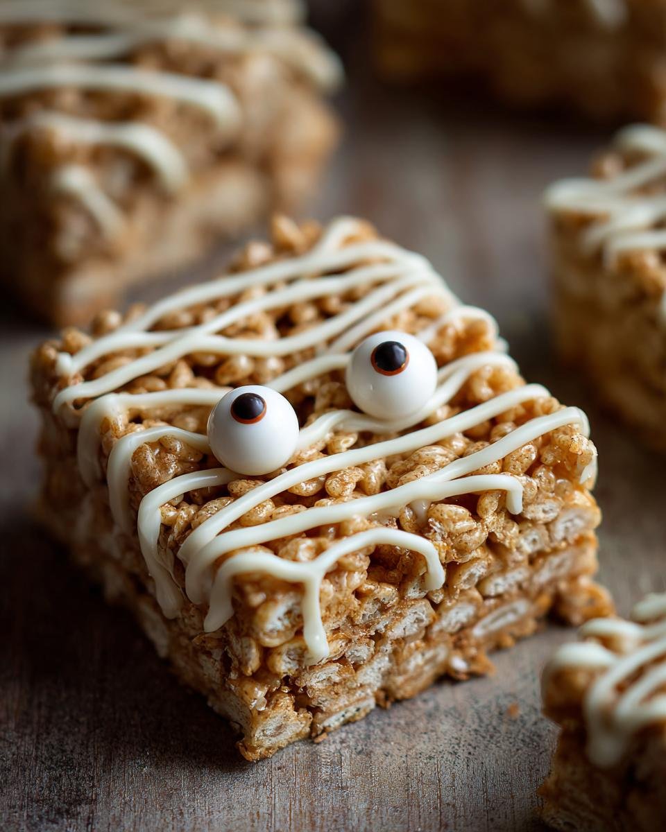 A close-up of one Spooktacular Halloween Mummy Rice Krispie Treats square decorated with white icing bandages and candy eyeballs.