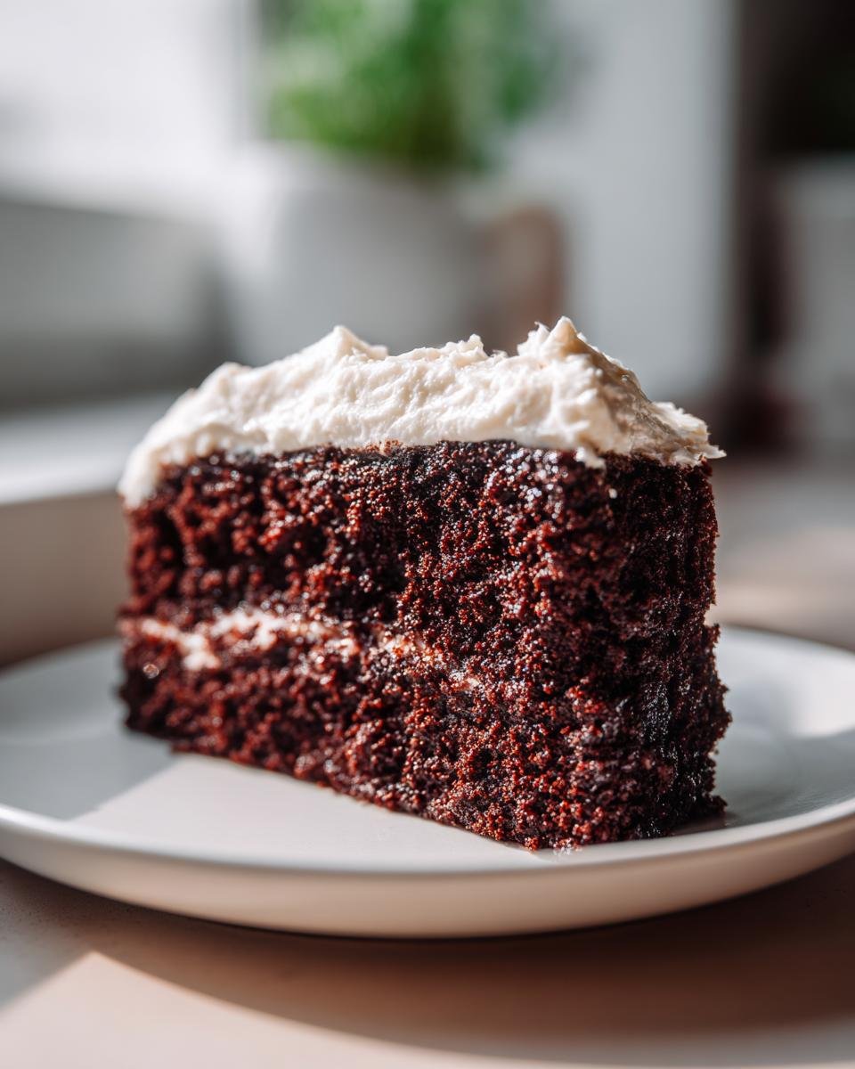 A close-up of a moist slice of Spooky Black Velvet Halloween Cake Recipe with thick white frosting.