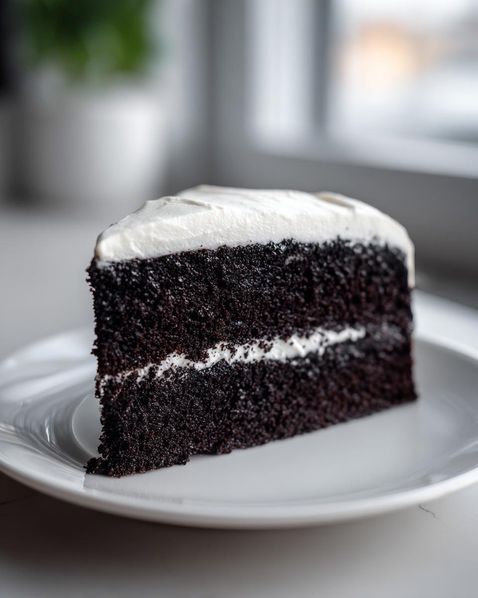 A slice of rich, dark Spooky Black Velvet Halloween Cake Recipe with white cream cheese frosting.