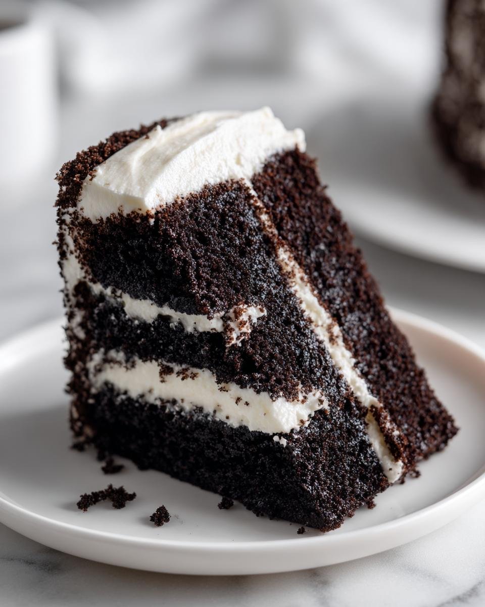 Close-up of a dark, moist slice of Black Velvet Halloween Cake Recipe with white cream cheese frosting layers.