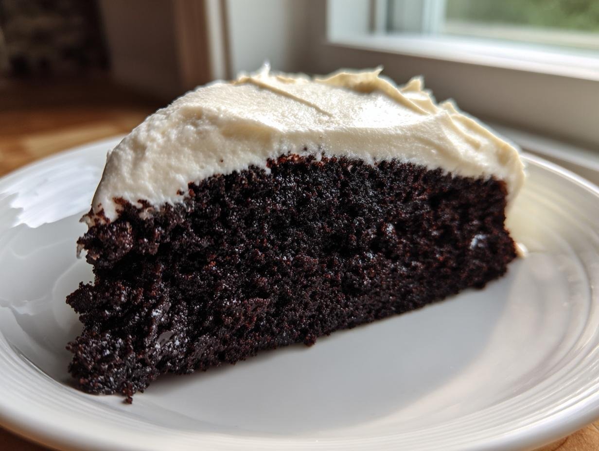 A moist slice of dark chocolate Spooky Black Velvet Halloween Cake Recipe topped with thick white frosting.
