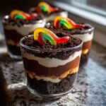 Close-up of Spooky Halloween Dirt Cake Cups layered with pudding and topped with crushed cookies and a gummy worm.