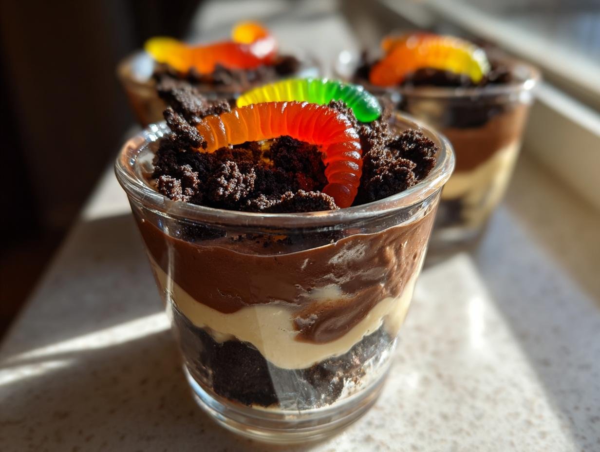 Close-up of Spooky Halloween Dirt Cake Cups layered with chocolate pudding, cream, and crushed cookies, topped with gummy worms.