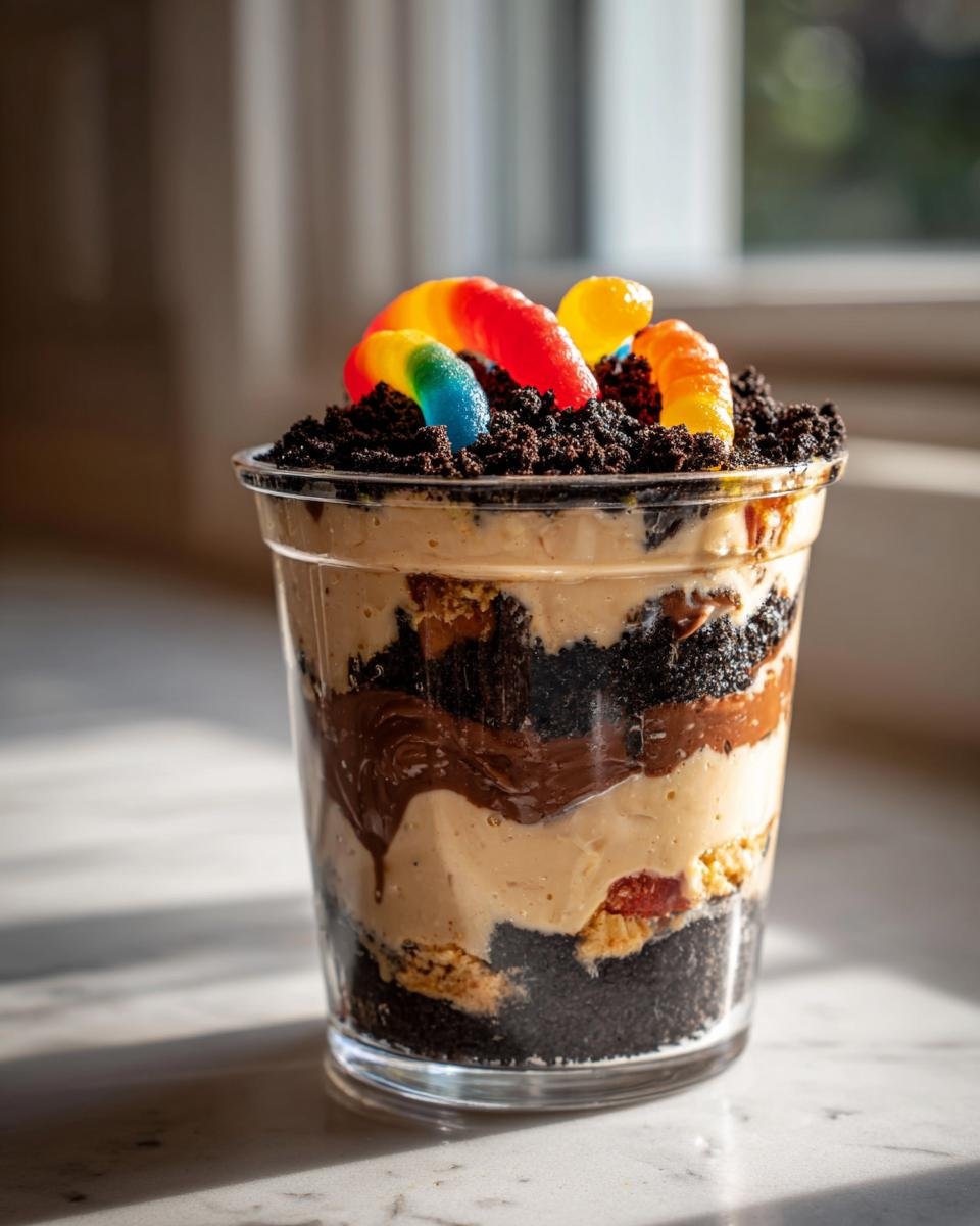 Close-up of a layered Spooky Halloween Dirt Cake Cups Recipe topped with crushed cookies and colorful gummy worms.