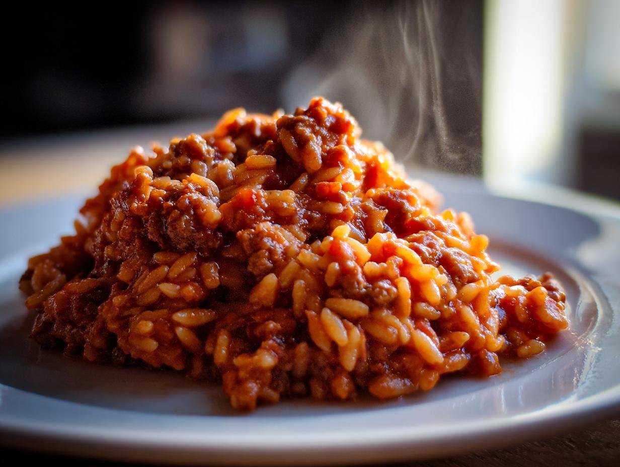 Close-up of a steaming serving of Irresistible Sloppy Joe Style Orzo Recipe on a white plate.