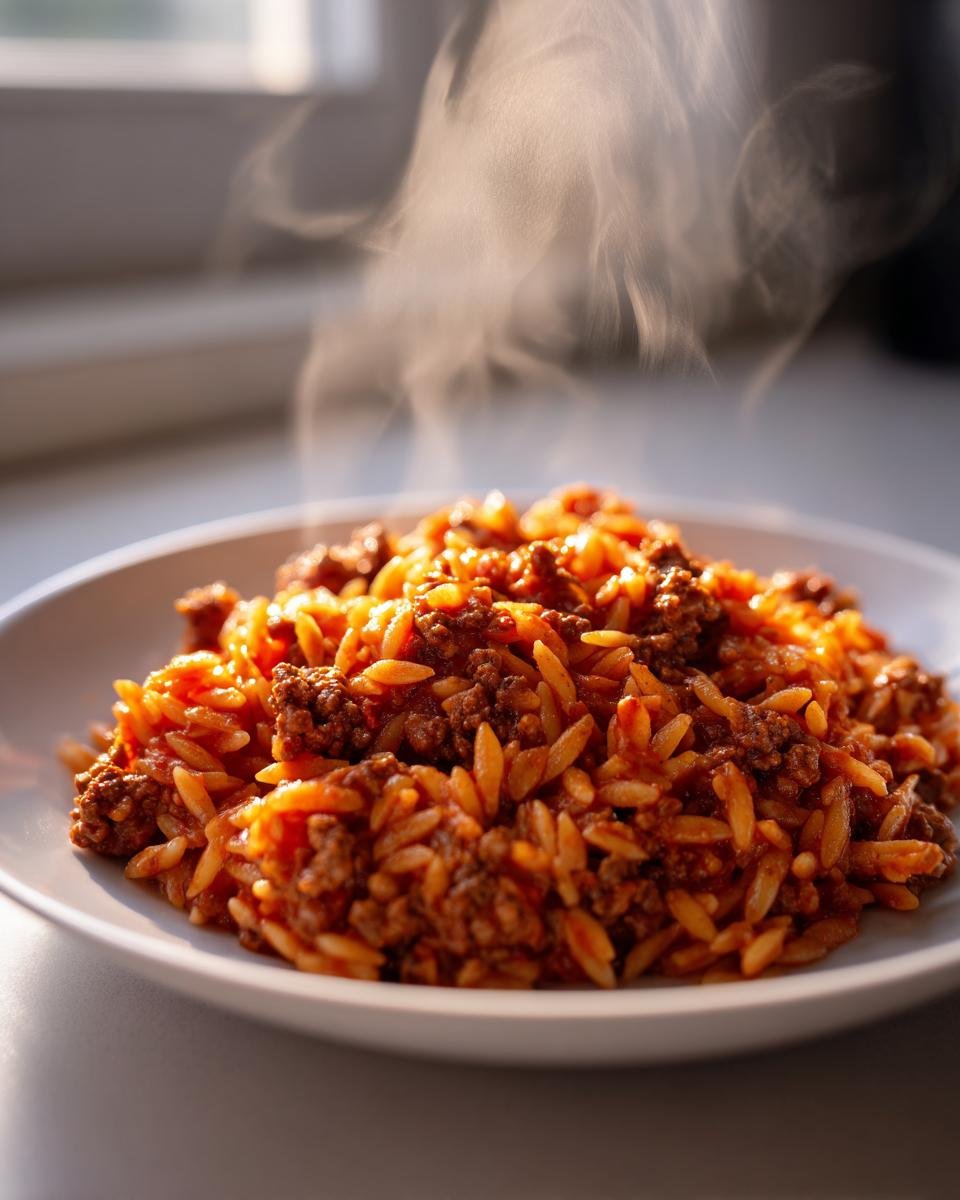 Close-up of a steaming plate of Irresistible Sloppy Joe Style Orzo mixed with ground meat in a rich sauce.