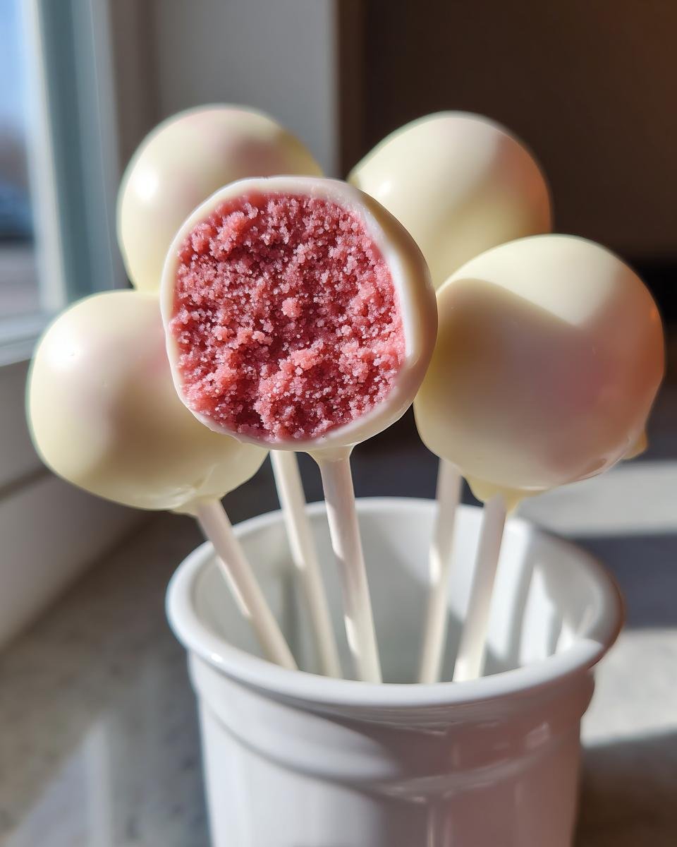 Close-up of Irresistible Strawberry Cake Pops dipped in white chocolate, one showing the pink, crumbly interior.