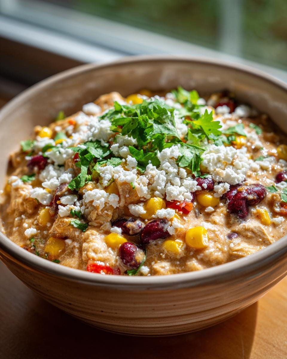 A close-up of creamy Street Corn Chicken Chili topped generously with crumbled white cheese and fresh cilantro.