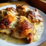 Four pieces of succulent herb roasted chicken with crispy skin covered in creamy white wine sauce.