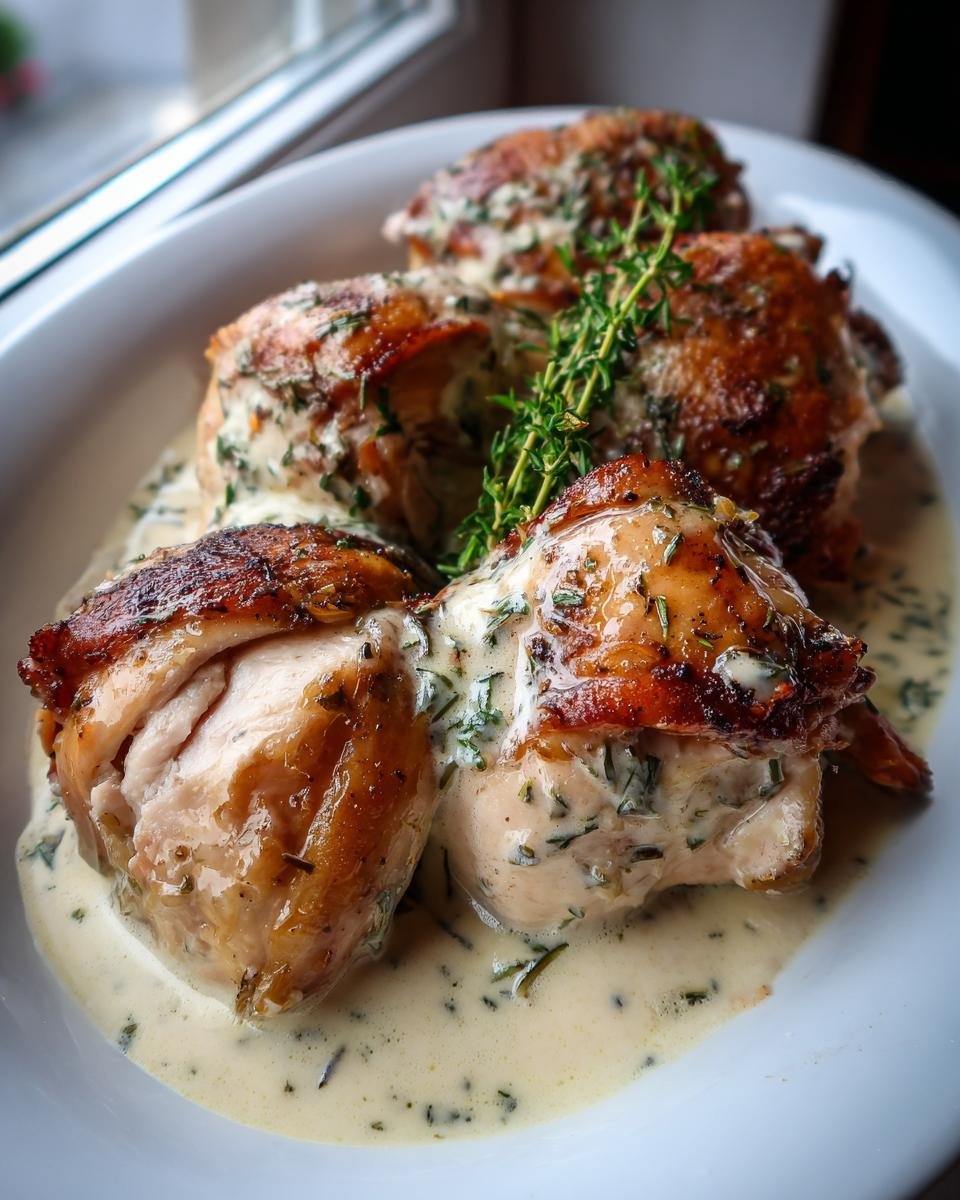 Three pieces of Succulent Herb Roasted Chicken In Creamy White Wine Sauce served in a white bowl, garnished with fresh thyme.