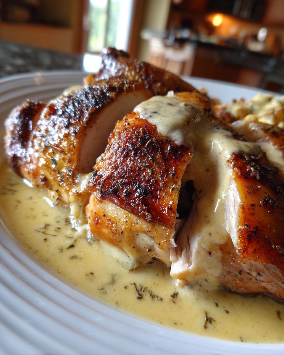Close-up of sliced Succulent Herb Roasted Chicken In Creamy White Wine Sauce on a white plate.