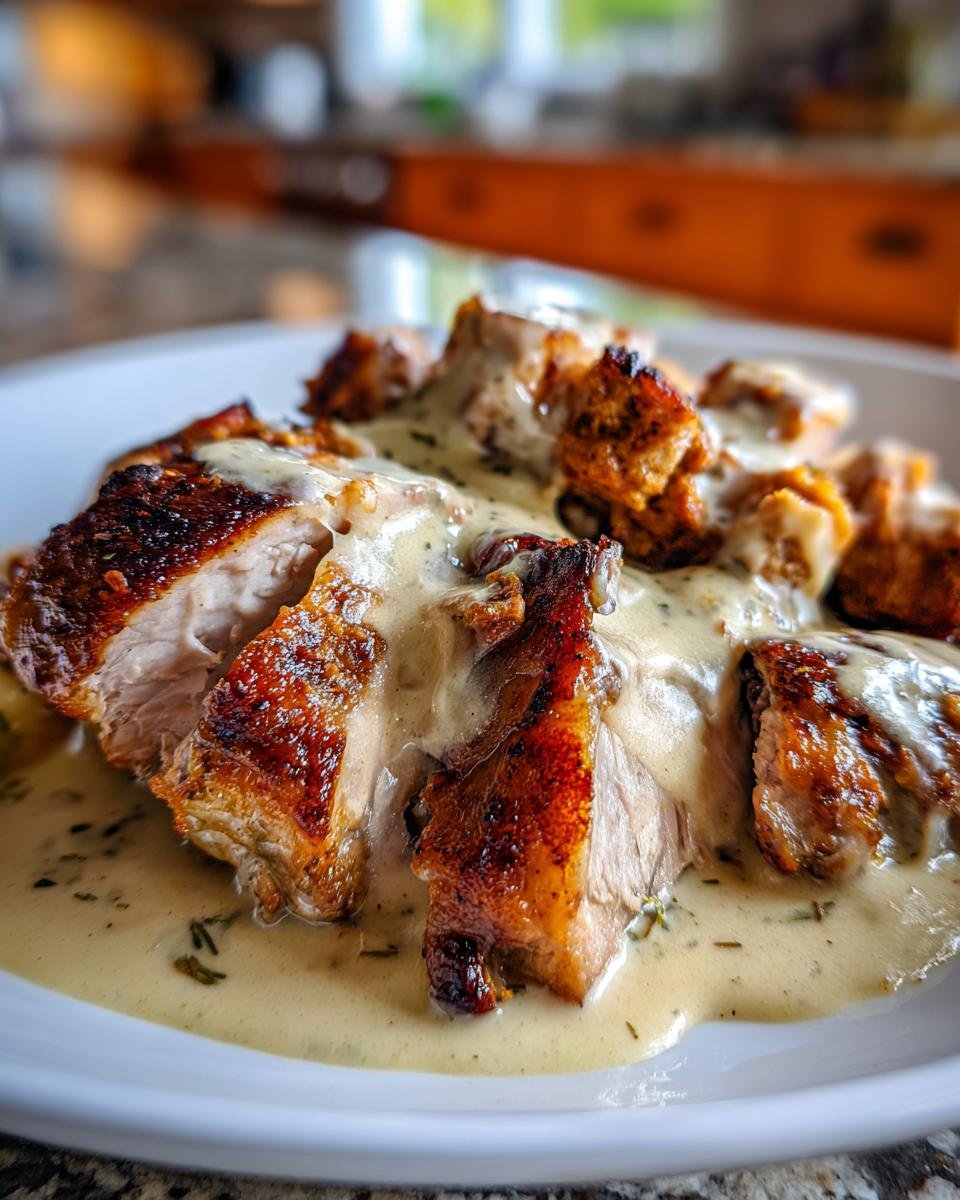 Close-up of sliced succulent herb roasted chicken in a creamy white wine sauce on a white plate.