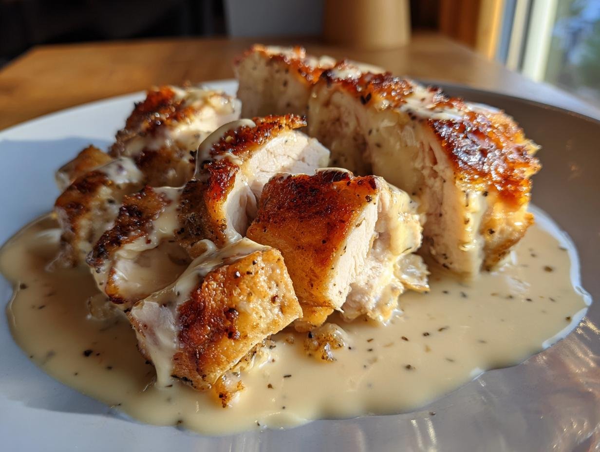 Pieces of succulent herb roasted chicken with crispy skin resting in a pool of creamy white wine sauce.