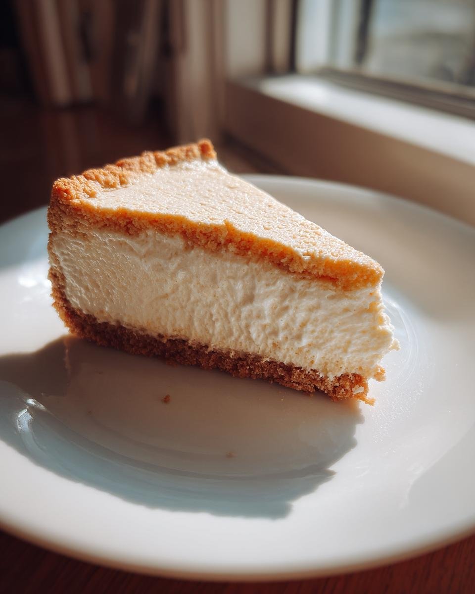 A perfect slice of Irresistible Sugar Cookie Cheesecake featuring a thick, creamy filling and a graham cracker crust, served on a white plate.