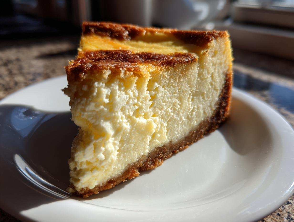 A close-up of a rich slice of cheesecake with a golden-brown top and a thick crust, part of an Irresistible Sugar Cookie Cheesecake Recipe.