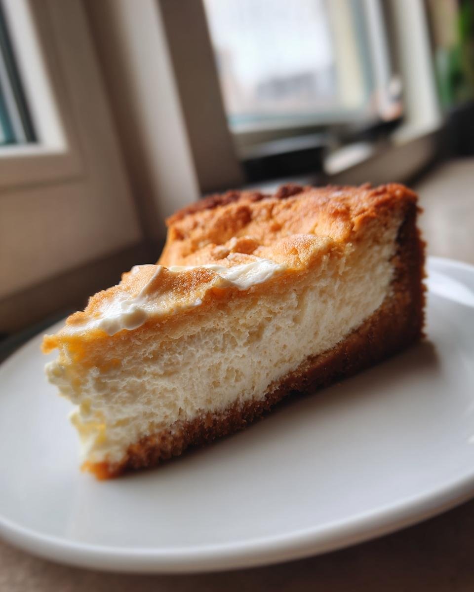 A close-up slice of creamy cheesecake with a baked top crust, served on a white plate, part of the Irresistible Sugar Cookie Cheesecake Recipe.