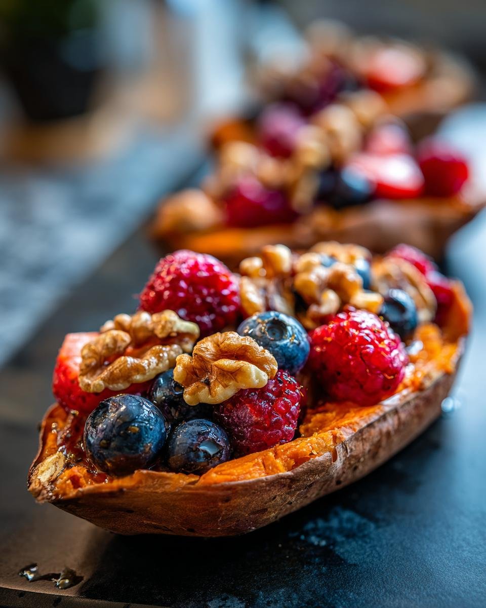 Close-up of a Sweet Potato Berry Boat filled with raspberries, blueberries, and walnuts.