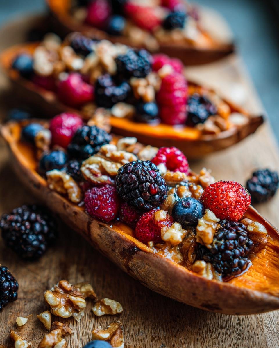 Close-up of one of the Sweet Potato Berry Breakfast Boats filled with fresh blackberries, raspberries, blueberries, and walnuts.