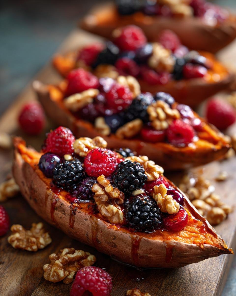 Close-up of Sweet Potato Berry Breakfast Boats stuffed with mixed berries and walnuts, drizzled with syrup.