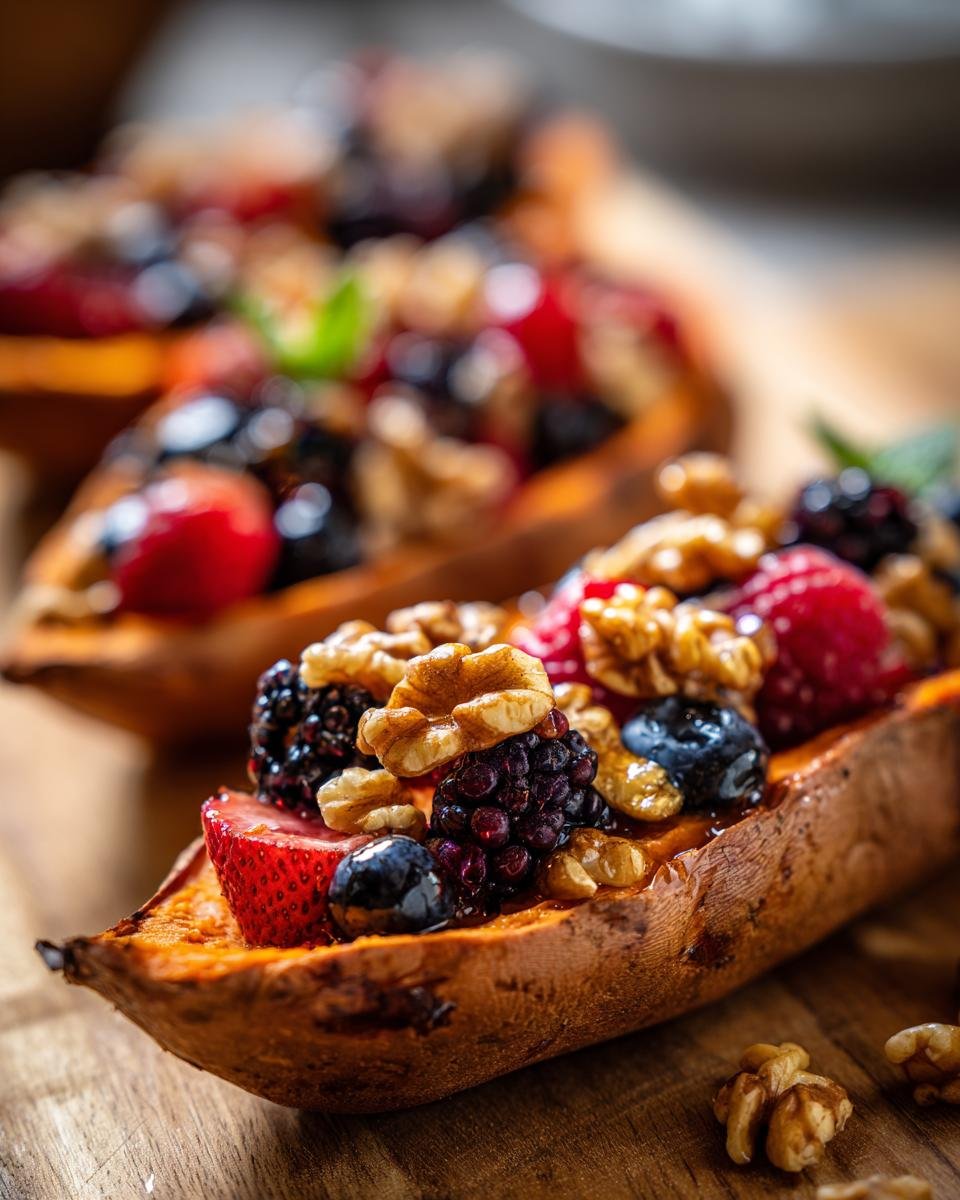 Close-up of a baked sweet potato half filled with mixed berries and walnuts for Sweet Potato Berry Breakfast Boats.
