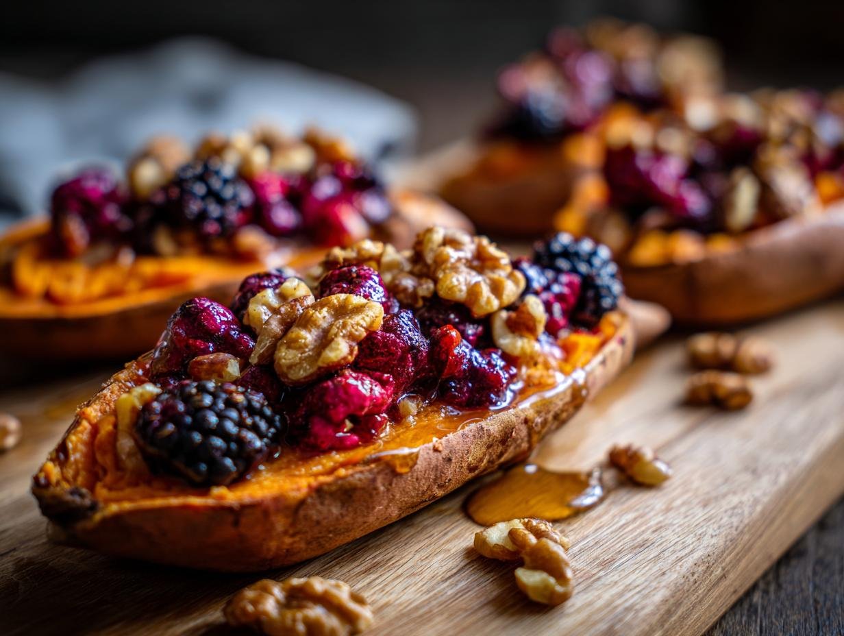 Close-up of a Sweet Potato Berry Breakfast Boat topped with mixed berries and walnuts, drizzled with honey.