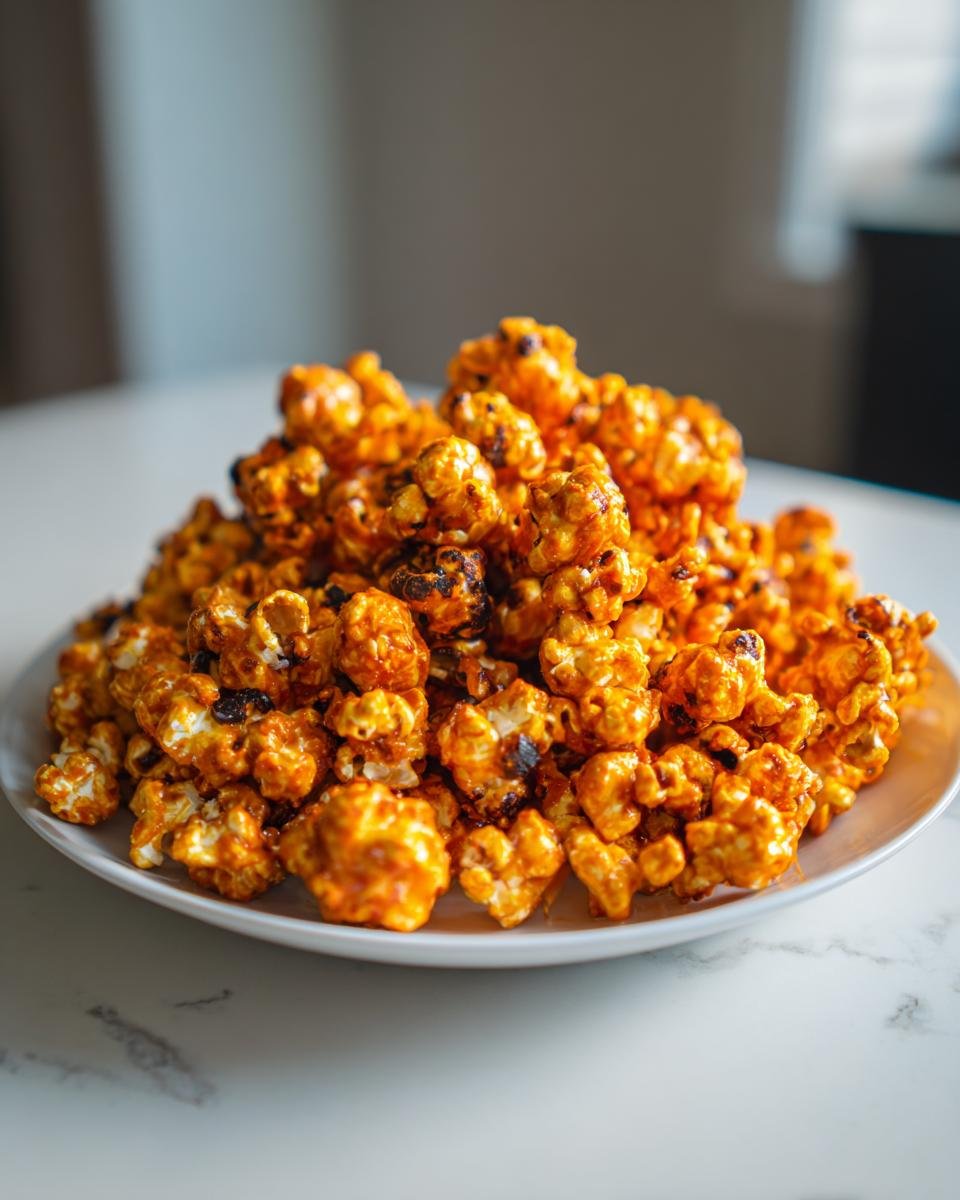 A large pile of Tempting Creepy Caramel Candy Popcorn coated in bright orange caramel on a white plate.