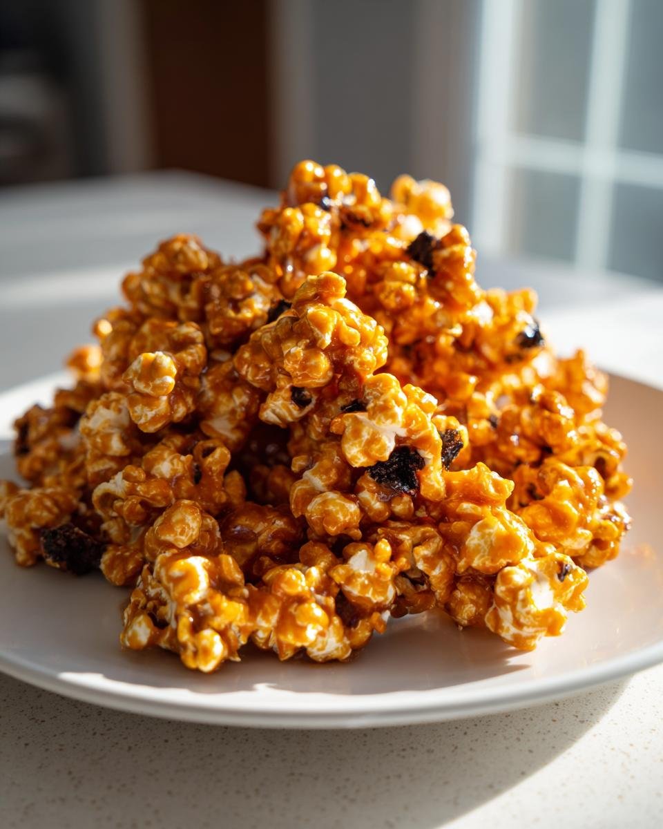 A close-up of Tempting Creepy Caramel Candy Popcorn piled high on a white plate, glistening under bright light.