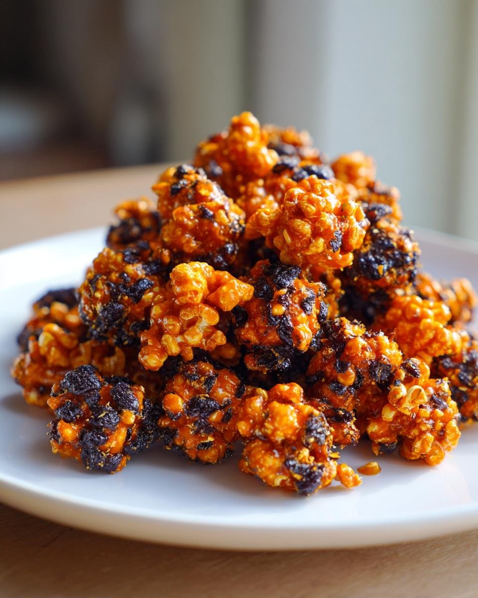Close-up of a pile of Tempting Creepy Caramel Candy Popcorn clusters with dark, spooky inclusions on a white plate.