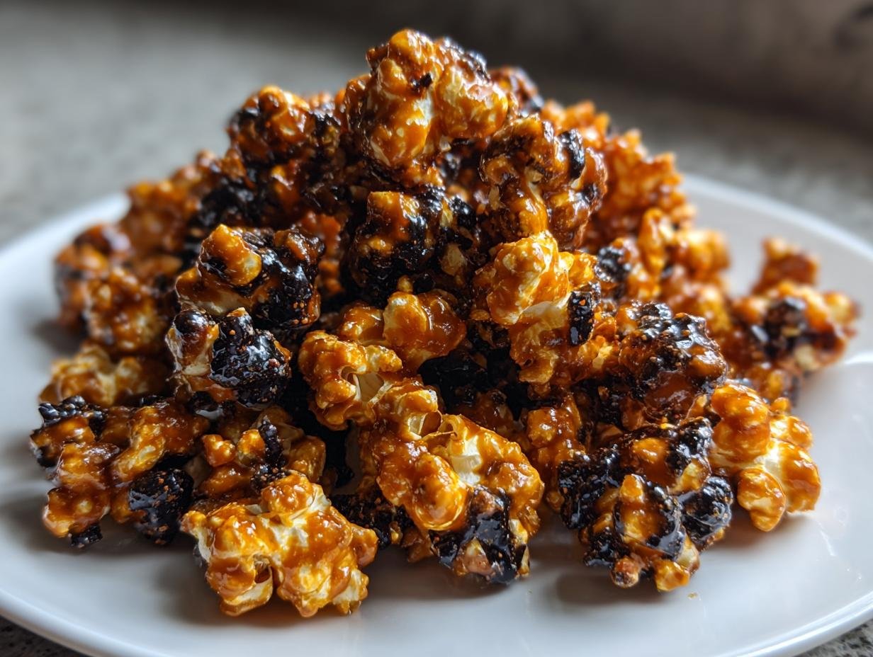 A close-up of a pile of Tempting Creepy Caramel Candy Popcorn coated in glossy, dark caramel on a white plate.