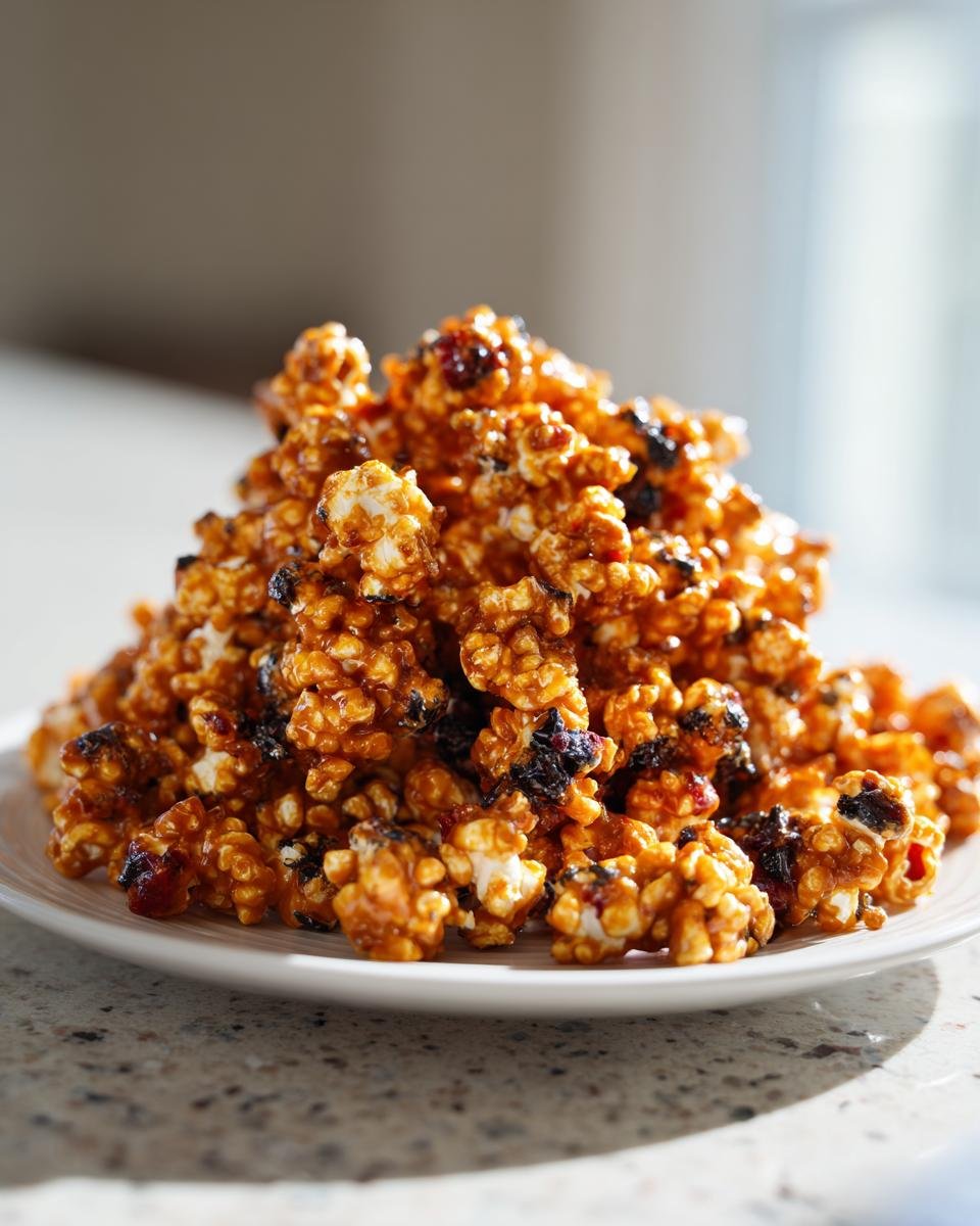 A close-up of a mound of Tempting Creepy Caramel Candy Popcorn coated in shiny caramel and mixed with dark dried fruit pieces.