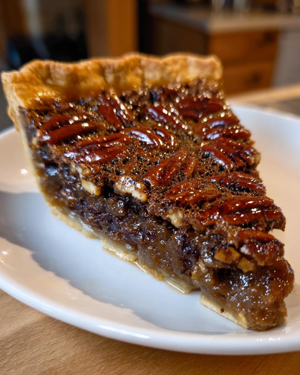 A close-up shot of a rich slice of Texas Chocolate Pecan Pie showing the gooey filling and pecan topping.