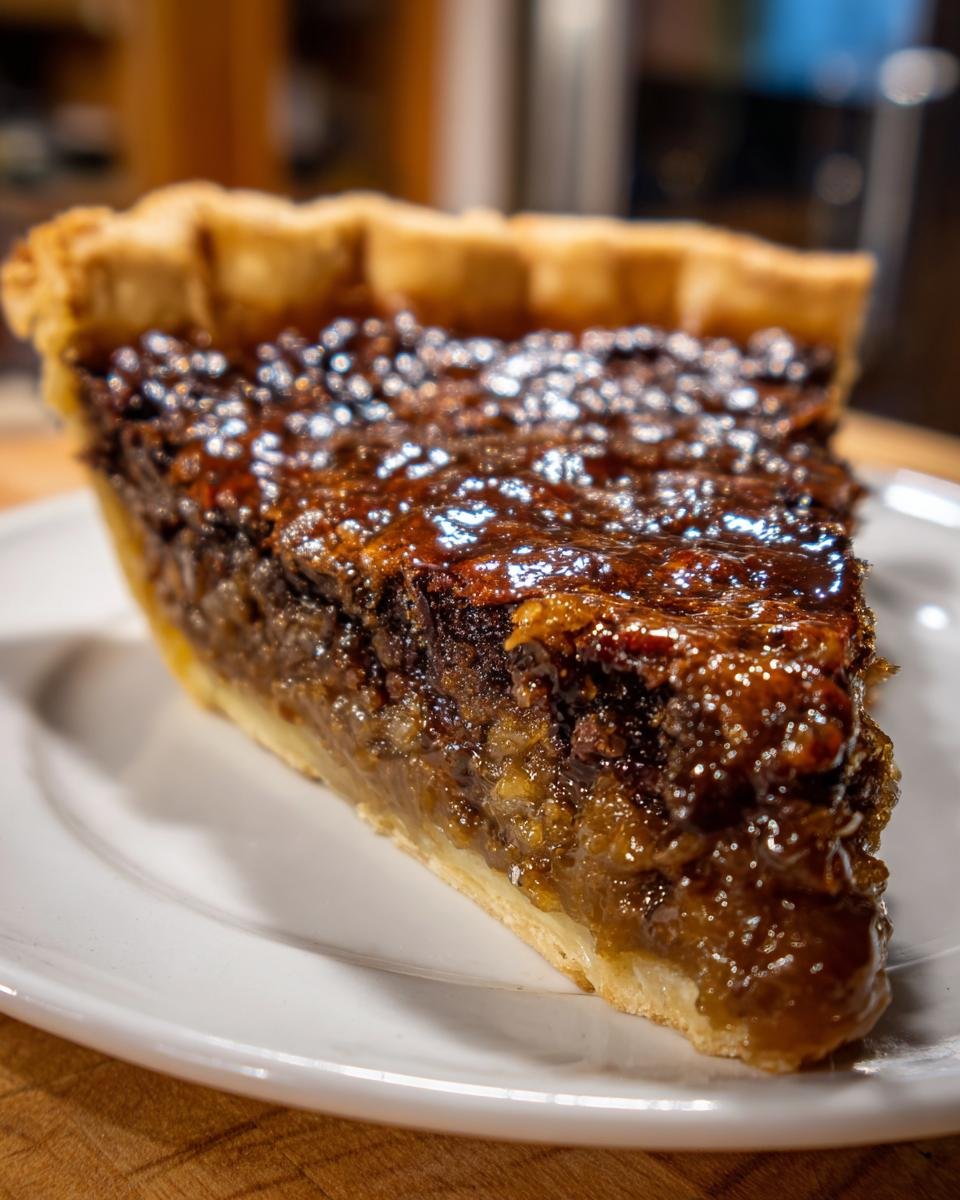 A close-up of a rich slice of Texas Chocolate Pecan Pie showing the flaky crust and glossy, dark filling.
