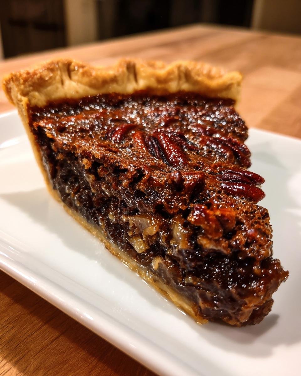 A close-up of a rich slice of Texas Chocolate Pecan Pie showing the gooey filling and pecan topping.